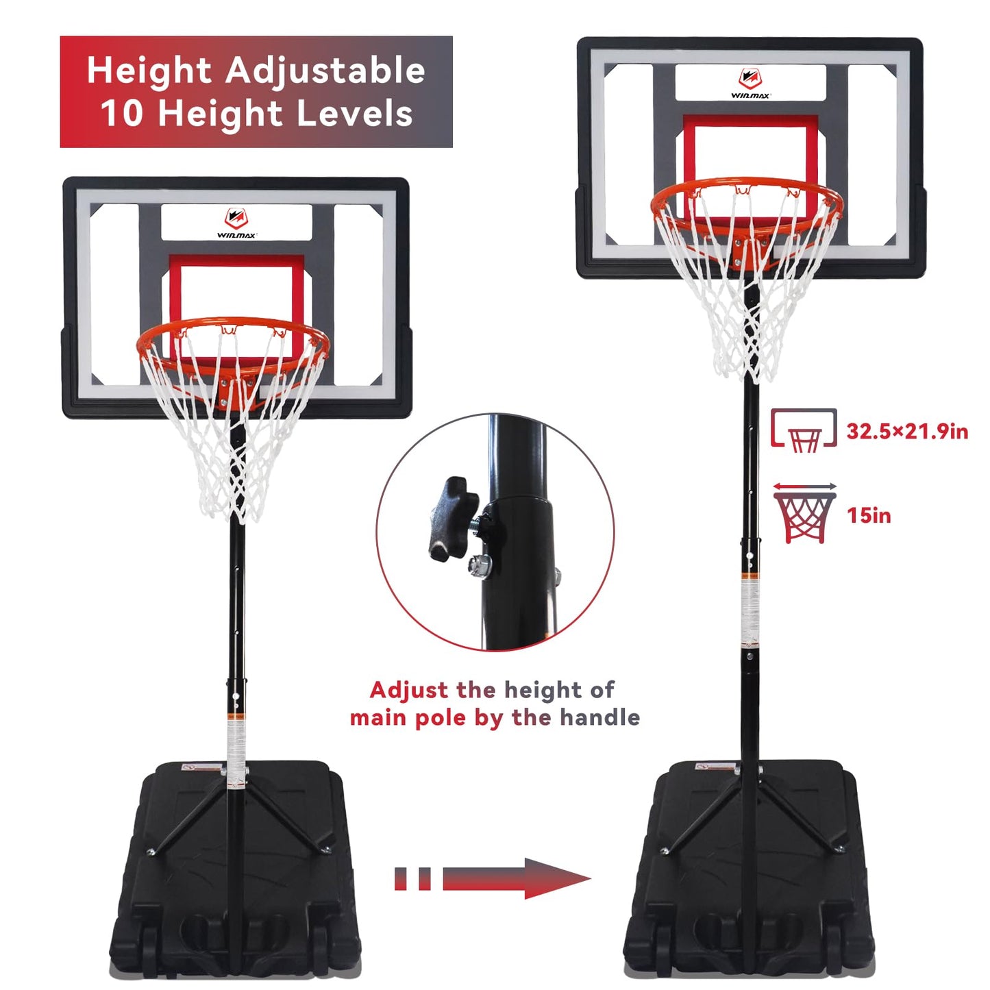 WIN.MAX Basketball Stand Kids Portable Basketball Hoop Outdoor 3.1-7.5ft Adjustable
