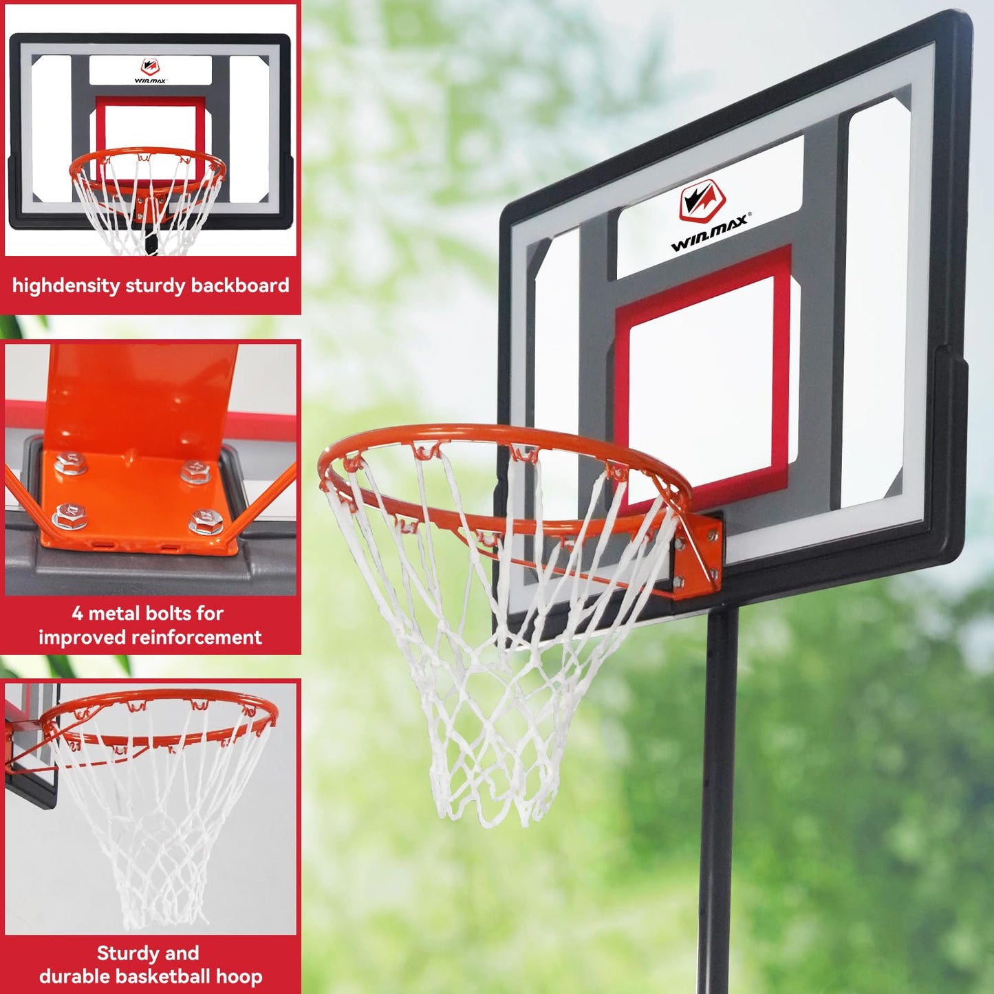 WIN.MAX Basketball Stand Kids Portable Basketball Hoop Outdoor 3.1-7.5ft Adjustable